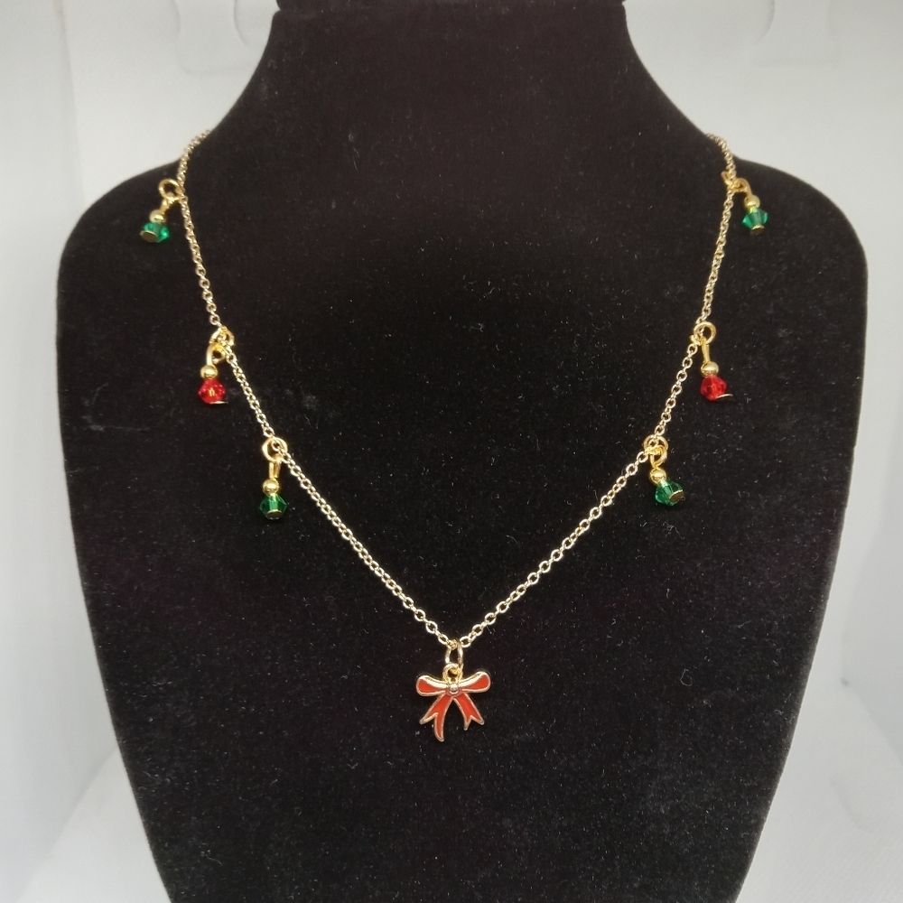 Hand Crafted Gold Necklace with Red and Green Charms